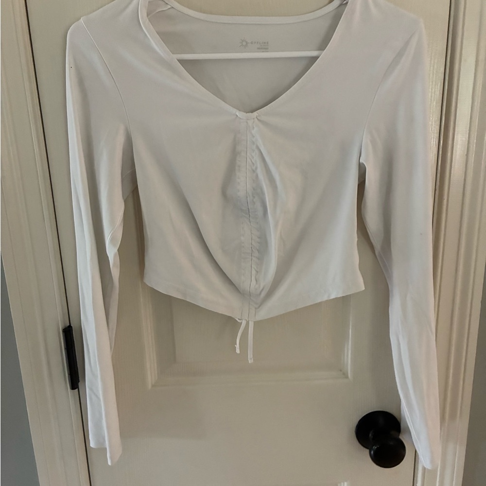 Aerie White Ruched Tie Front Long Sleeve Crop Top